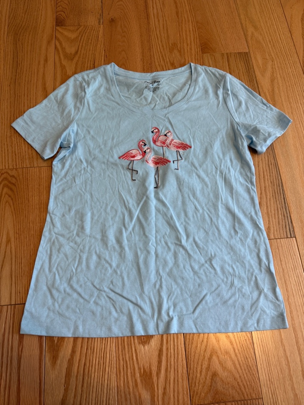 New without tags Coral Bay Light Blue Tee with Pink Flamingo Embroidery